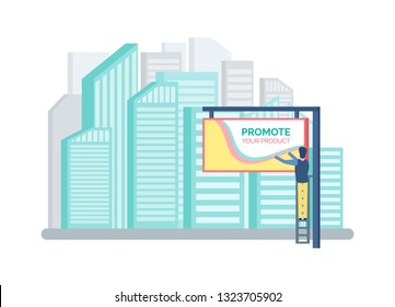 Cityscape with tall buildings vector, skyscraper modern offices. Advertising column board, painting person on ladder working. Metropolitan with marketing