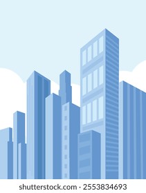 Cityscape with tall modern buildings in shades of gray against blue sky, Modern architectural flat style vector illustration. Vector cityscape background.