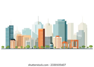 Paisaje urbano con rascacielos altos, edificios y árboles verdes. Ilustración vectorial.