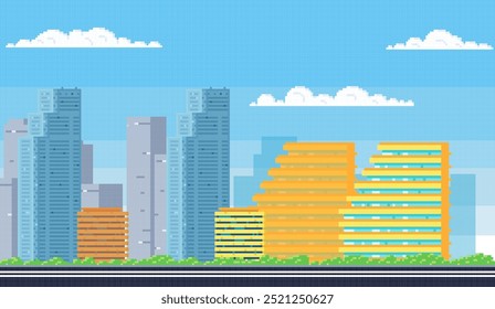 Cityscape. Tall skyscrapers and modern buildings under a lightly clouded blue sky. Ideal for urban planning, city life, modern architecture, digital art, and city development themes. Pixel, modern