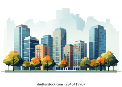 Cityscape with tall skyscrapers, office buildings and trees. Isolated business district. Vector illustration.