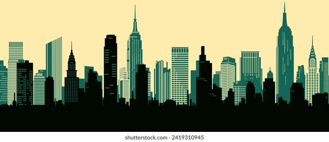 Cityscape with tall skyscrapers and office buildings. Panoramic landscape of the metropolis. Silhouettes of a modern city. Business district of the city. Vector illustration for design in flat style.