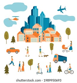 Cityscape with tall skyscrapers, people, cars, city life. Vector illustration.