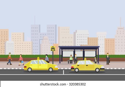 Cityscape with Taxi cab stand. public transportation. vector illustration