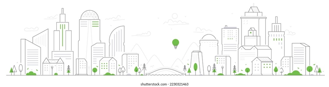 Cityscape - thin line design style vector illustration on white background. Composition with facade of modern building. Bridge, division, landmark silhouette and metropolis structure idea