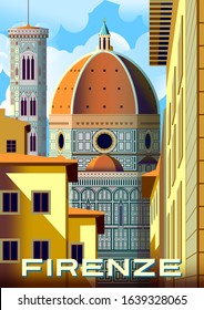 
Cityscape with traditional houses and the Cathedral of Santa Maria del Fiore with the Bell Tower in the background in Florence, Italy. Handmade drawing vector illustration. Retro style poster.