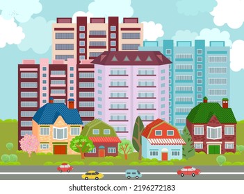 cityscape with traffic road. summer scenery with town. colorful cute houses, skyscraper, brick cottage. blue sky with clouds. cartoon vector illustration of buildings with blossom trees and bushes