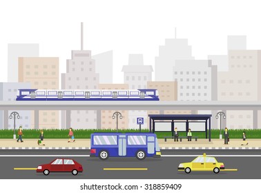 Cityscape with train, people and bus stop, public transportation. vector illustration