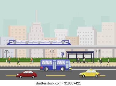 Cityscape With Train, People And Bus Stop, Public Transportation. Vector Illustration