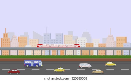 Cityscape with train and road, public transportation. vector illustration