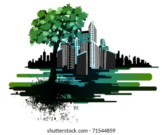 Cityscape with tree and design elements