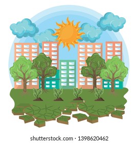 cityscape with trees and sun