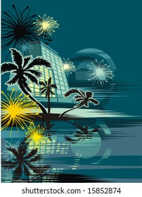 Cityscape in the tropical night, vector illustration series.