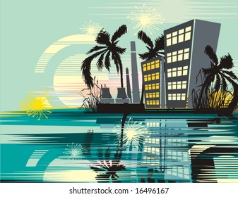 Cityscape at tropical sunrise, vector illustration series.