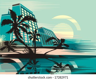Cityscape at tropical sunrise, vector illustration series.
