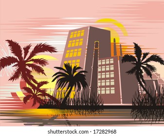 Cityscape at tropical sunset, vector illustration series.