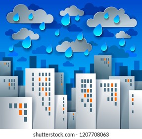 Cityscape under rain cartoon vector illustration in paper cut kids application style, high city buildings real property houses and cloudy rainy sky.