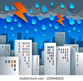 Cityscape under thunderstorm and lightning cartoon vector illustration in paper cut kids application style, high city buildings real property houses and cloudy rainy sky.