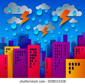 Cityscape under thunderstorm and lightning cartoon vector illustration in paper cut kids application style, high city buildings real property houses and cloudy rainy sky.