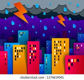 Cityscape under thunderstorm and lightning in the night cartoon vector illustration in paper cut kids application style, high city buildings real property houses and cloudy rainy sky.