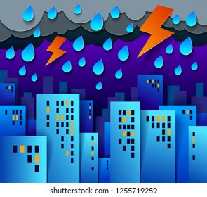 Cityscape under thunderstorm and lightning in the night cartoon vector illustration in paper cut kids application style, high city buildings real property houses and cloudy rainy sky.