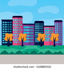 cityscape urban buildings tree park meadow vector illustration