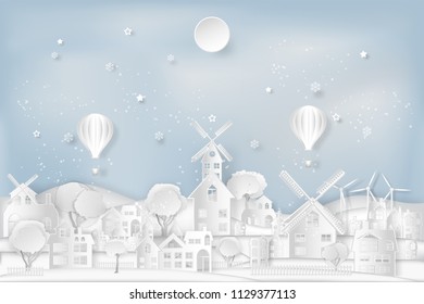Cityscape with urban countryside with full moon and snow as Merry christmas and winter season,paper art and digital craft style concept. vector illustration.