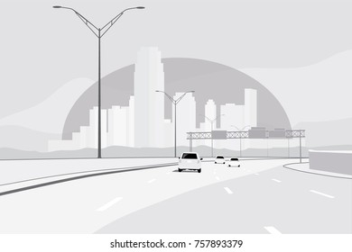 Cityscape urban landscape with highway or interstate and cars monochromatic black and white abstract vector illustration.