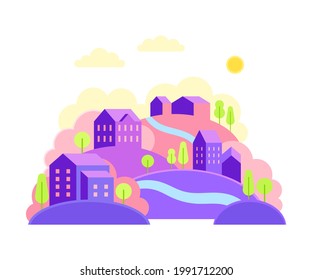 Cityscape or Urban Landscape with Scattered Houses and Hills with Trees Vector Illustration