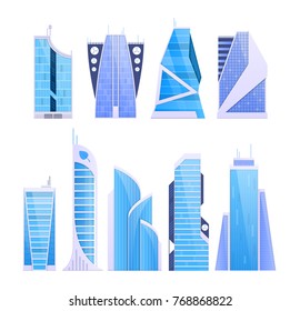 Cityscape, urban landscape. Set various city buildings, high-rise buildings, skyscrapers, popular business centers. Real estate urban architecture. Eco friendly, smart city. Vector flat illustration.