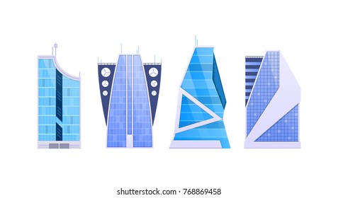 Cityscape, urban landscape. Set various city buildings, high-rise buildings, skyscrapers, popular business centers. Eco friendly, smart city. Real estate urban architecture. Vector flat illustration.
