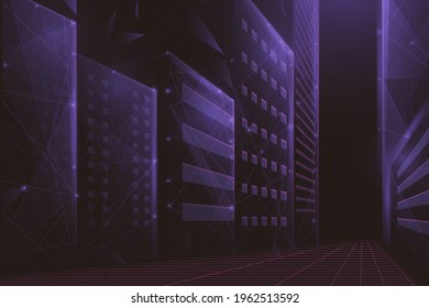 Cityscape of the urban modern building. Futuristic and Cyberpunk concept. Low poly, geometric, wire, Particles, lines, and triangles outline. Vector illustration