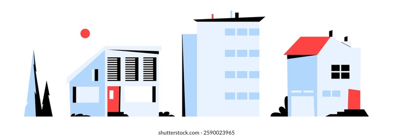 Cityscape With Various Buildings In Flat Vector Illustration Symbolizing Urban Development, Architecture, Real Estate, And Modern Infrastructure, Isolated On White Background