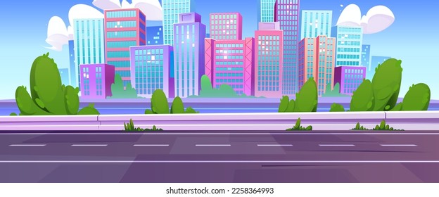 Cityscape vector background. Cartoon city downtown view with building and empty road landscape, trees, blue sky. Urban skyline on panorama illustration. Horizontal travel banner concept with highway.