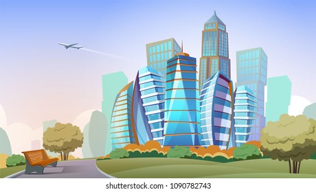 Cityscape vector cartoon background. Panorama of modern city with high skyscrapers and park, downtown with residential multistorey buildings and business offices. Urban skyline concept illustration