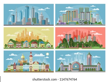 Cityscape vector city landscape with urban architecture building or construction and houses in the town streets illustration set of downtown scene with skyline and skyscraper