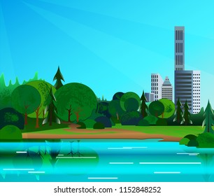 Cityscape Vector Flat Background.  New York. Central Park.  Vector Illustration Of Park, Lake And Skyscraper