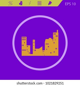 cityscape vector icon on a violet background. Flat design style.