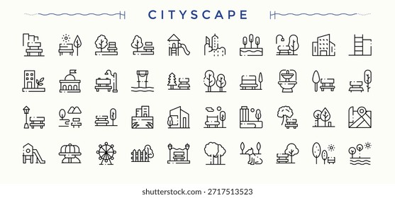 Cityscape vector icon set. Contain linear sign lake, outdoor, ground, garden, landscape, city park and more. Cityscape icon. Minimalist icons pack. Editable stroke.