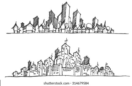 Cityscape Vector Illustration, Line Sketch