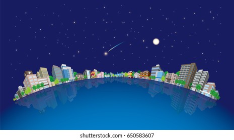 Cityscape Vector Illustration, Night sky
