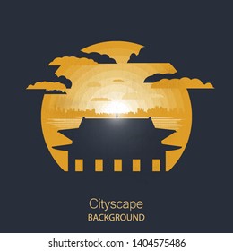 Cityscape vector illustration. Silhouette of Asian building .sunset time cityscape in flat style.