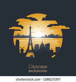 Cityscape vector illustration. Silhouette of Paris. sunset time cityscape in flat style.