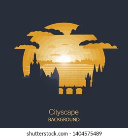Cityscape vector illustration. Silhouette of Prague.sunset time cityscape in flat style.