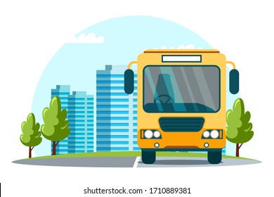 Cityscape vector Illustration, urban infrastructure scene. Street road, bus stop, yellow transport waiting for passengers. Suburban, city and international travel transportation with city background