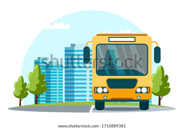 Cityscape vector Illustration, urban\
infrastructure scene. Street road, bus stop, yellow transport\
waiting for passengers. Suburban, city and international travel\
transportation with city\
background
