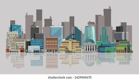 Cityscape vector illustration. Urban landscape with large modern buildings and skyscrappers reflecting in water. Streets, banks, museums, offices and sky scrapers.