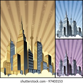 Cityscape Vertical: Cartoon city in 3 color variations. Basic (linear) gradients used. No transparency. A4 proportions.