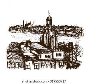 cityscape view Beyglou district and the old town with the Galata Tower in Istanbul, graphic sketch vector illustration