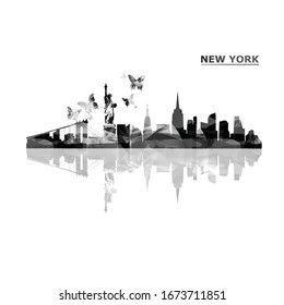 Cityscape view of New York black and white vector illustration. Tourism and travel poster background. Famous New York skyline landmarks design for web banner, card, brochure, promotion material